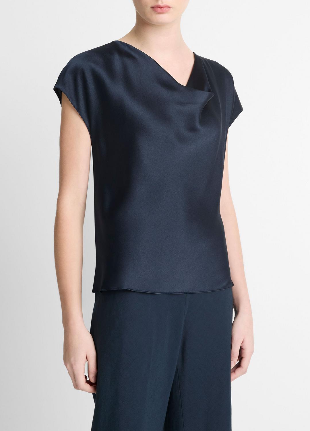 Silk Cowl-Neck Blouse in Short Sleeve
