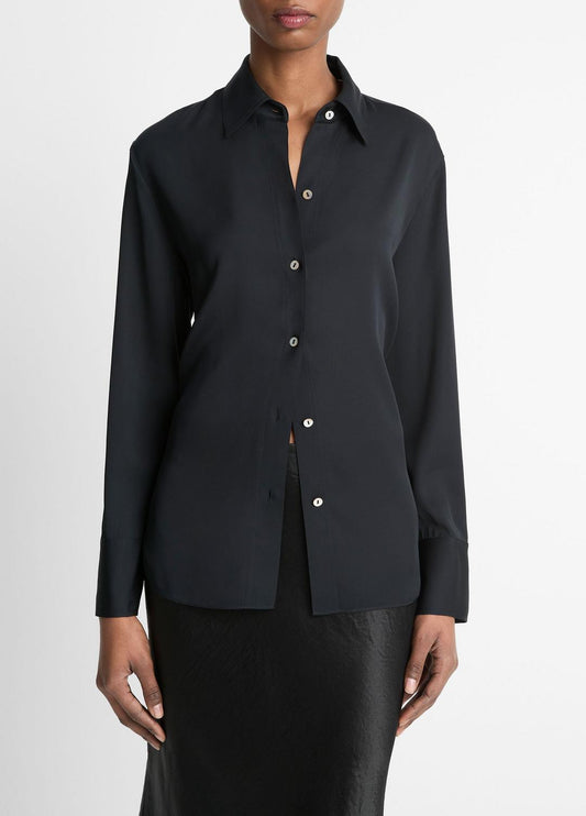 Stretch-Silk Button-Front Blouse in Long Sleeve