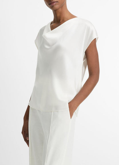 Silk Cowl-Neck Blouse in Short Sleeve