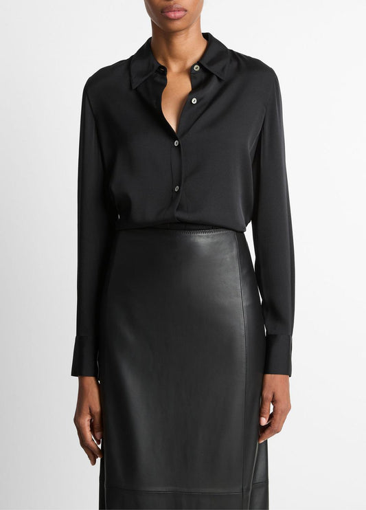 Silk-Blend Slim Button-Front Blouse in Long Sleeve
