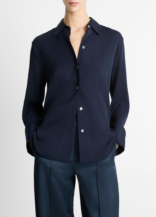Stretch-Silk Button-Front Blouse in Long Sleeve