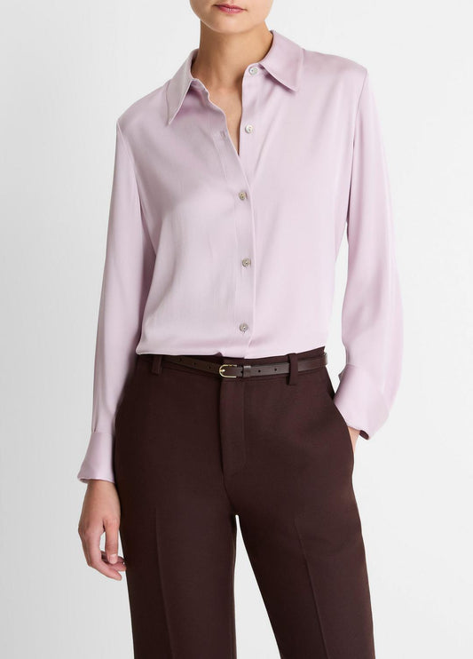 Silk-Blend Slim Button-Front Blouse in Long Sleeve