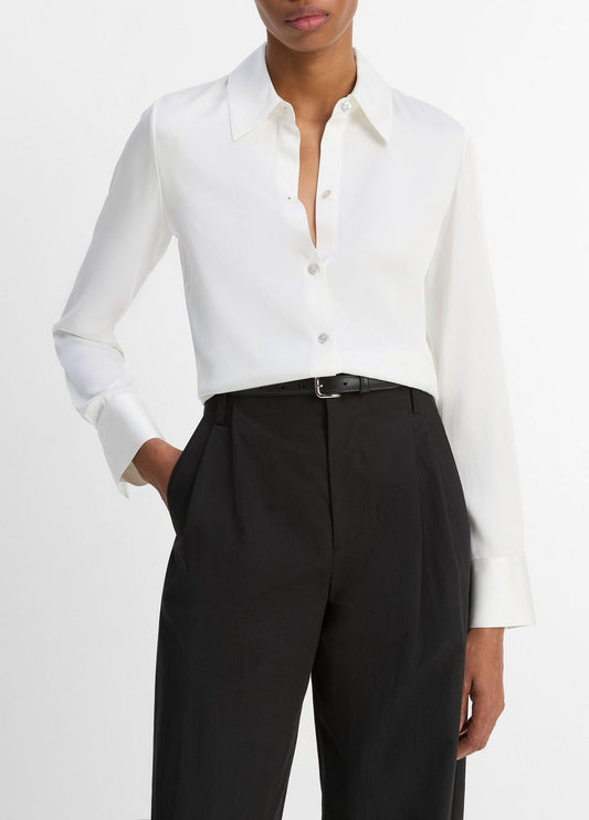 Silk-Blend Slim Button-Front Blouse in Long Sleeve