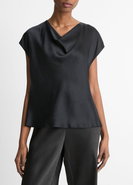 Silk Cowl-Neck Blouse in Short Sleeve