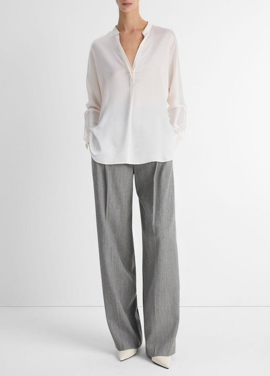 Silk Satin Band-Collar Blouse in Long Sleeve