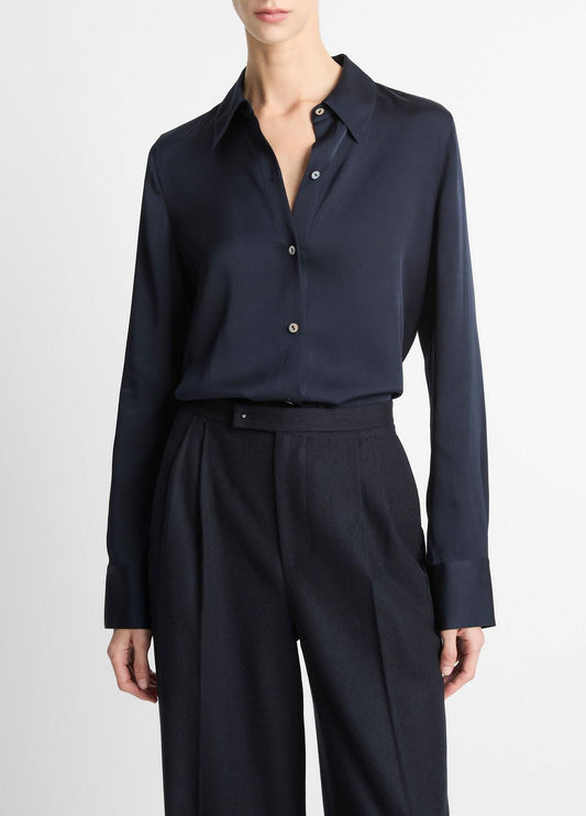Silk-Blend Slim Button-Front Blouse in Long Sleeve