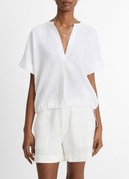 Linen Drawcord-Hem Blouse in Short Sleeve