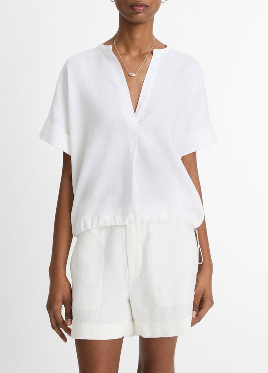 Linen Drawcord-Hem Blouse in Short Sleeve