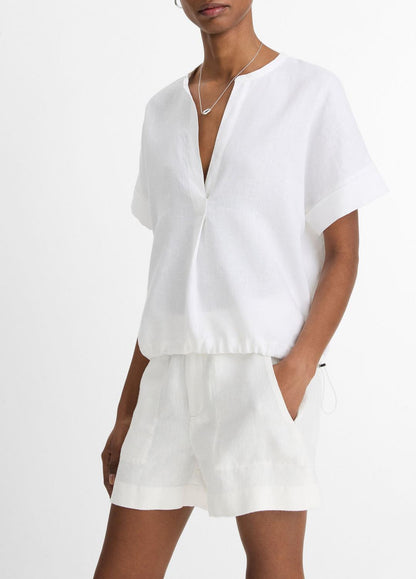 Linen Drawcord-Hem Blouse in Short Sleeve