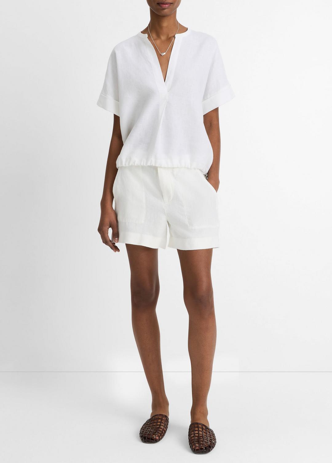Linen Drawcord-Hem Blouse in Short Sleeve