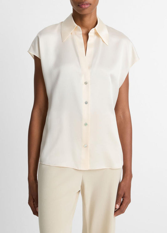 Silk Cap-Sleeve Ruched-Back Blouse in Short Sleeve