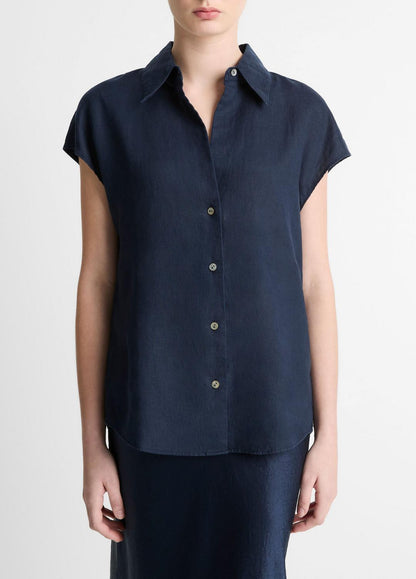 Linen Cap-Sleeve Button-Front Blouse in Short Sleeve