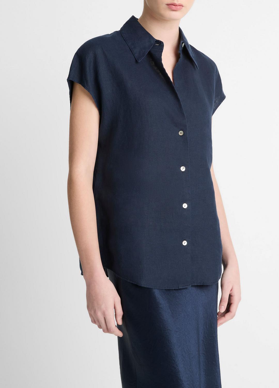 Linen Cap-Sleeve Button-Front Blouse in Short Sleeve