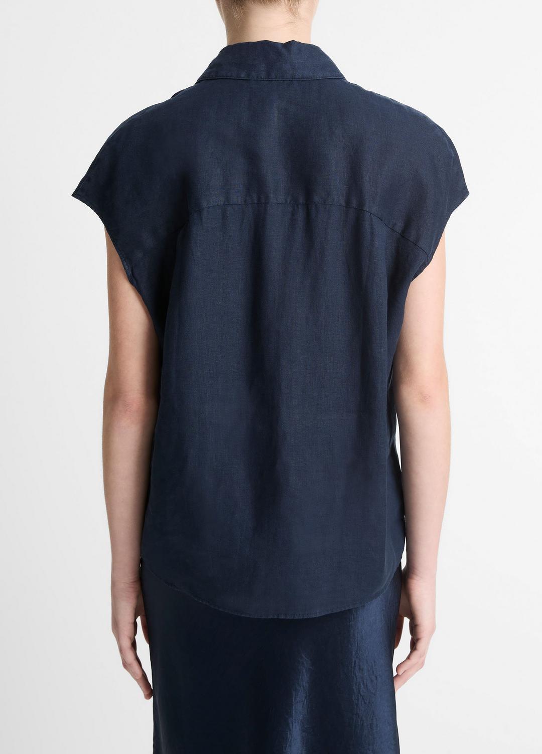 Linen Cap-Sleeve Button-Front Blouse in Short Sleeve