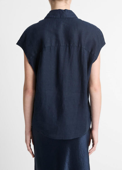 Linen Cap-Sleeve Button-Front Blouse in Short Sleeve