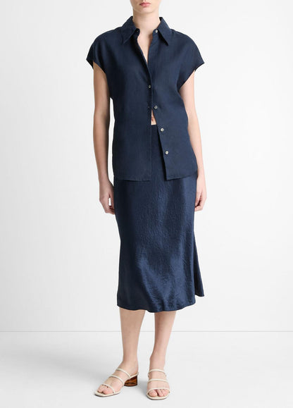 Linen Cap-Sleeve Button-Front Blouse in Short Sleeve
