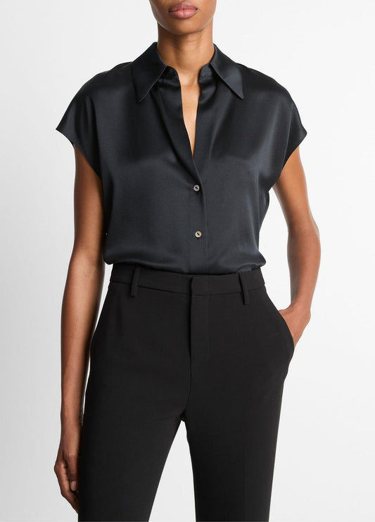 Silk Cap-Sleeve Ruched-Back Blouse in Short Sleeve