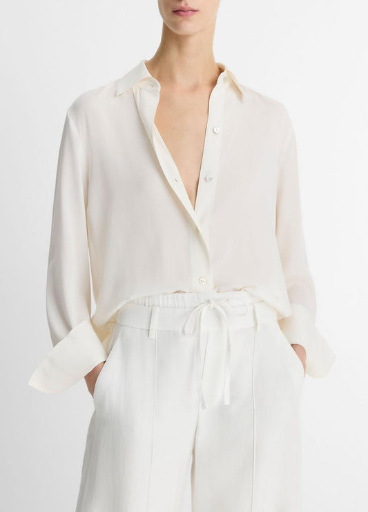 Stretch-Silk Button-Front Blouse in Long Sleeve