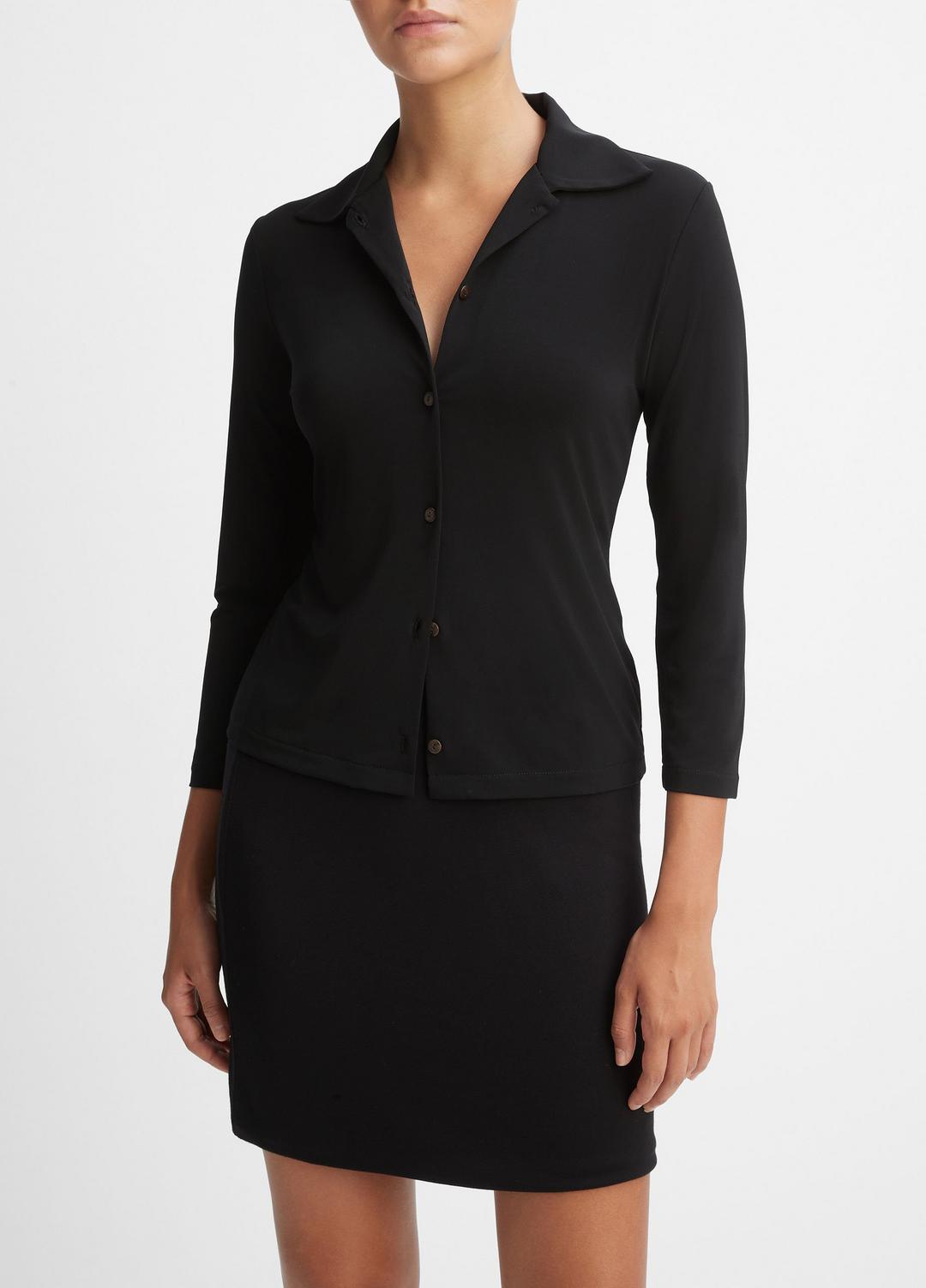 Three-Quarter-Sleeve Button-Front Polo Top in Long Sleeve