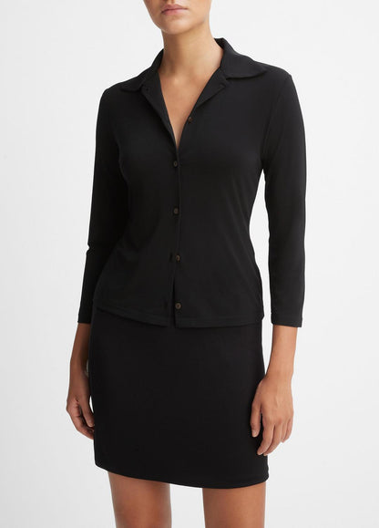 Three-Quarter-Sleeve Button-Front Polo Top in Long Sleeve