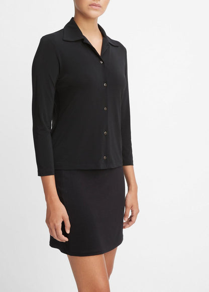 Three-Quarter-Sleeve Button-Front Polo Top in Long Sleeve