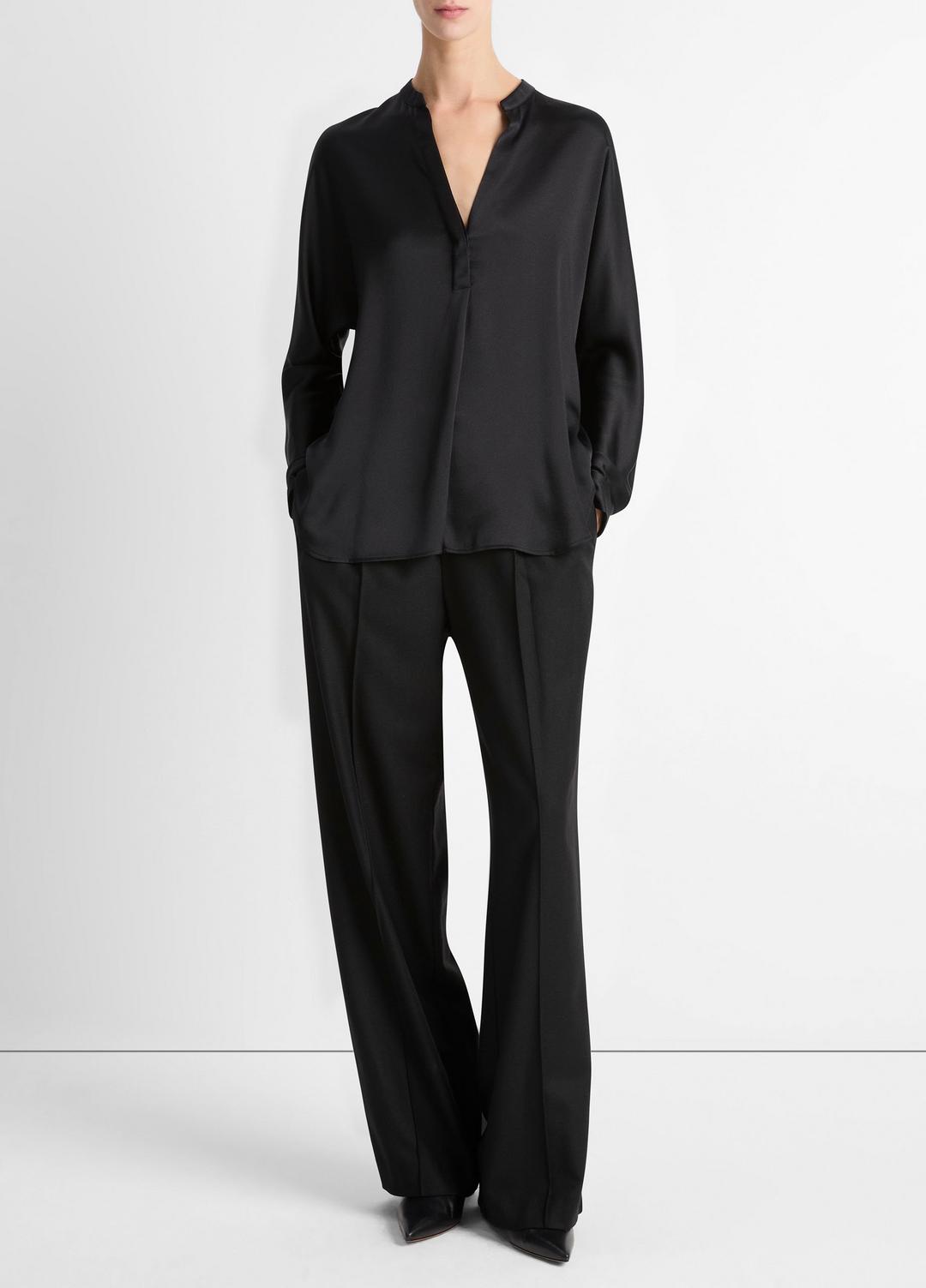 Silk Satin Band-Collar Blouse in Long Sleeve