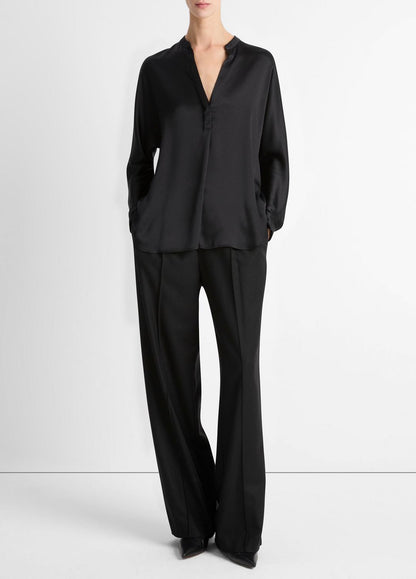 Silk Satin Band-Collar Blouse in Long Sleeve