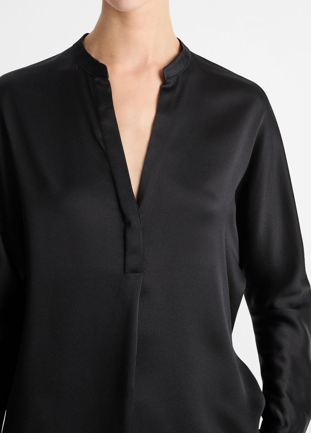 Silk Satin Band-Collar Blouse in Long Sleeve