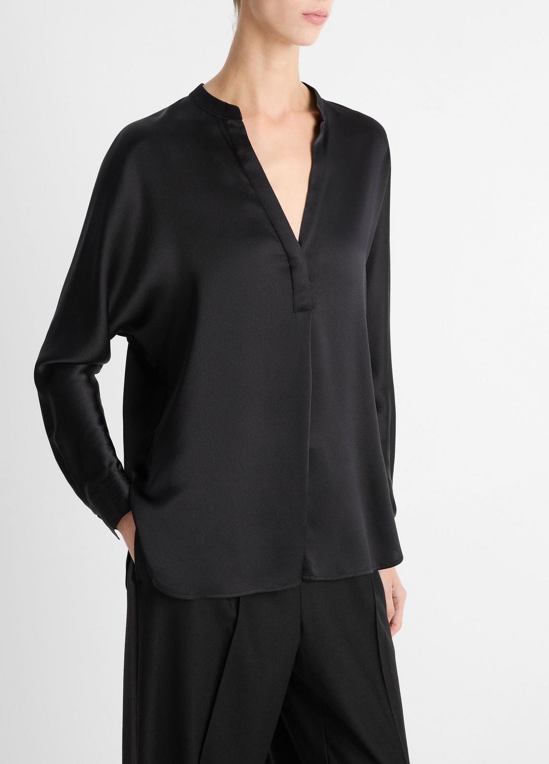 Silk Satin Band-Collar Blouse in Long Sleeve