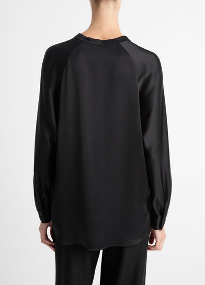 Silk Satin Band-Collar Blouse in Long Sleeve