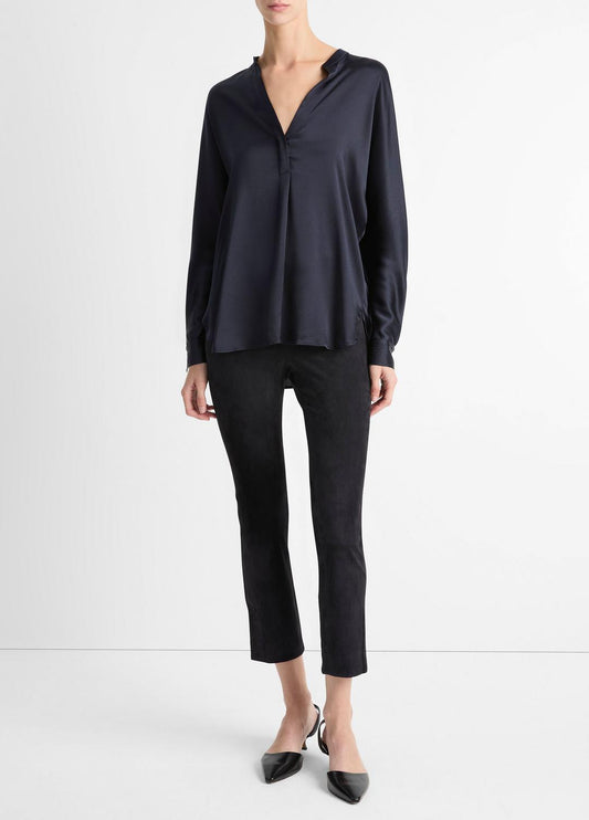 Silk Satin Band-Collar Blouse in Long Sleeve
