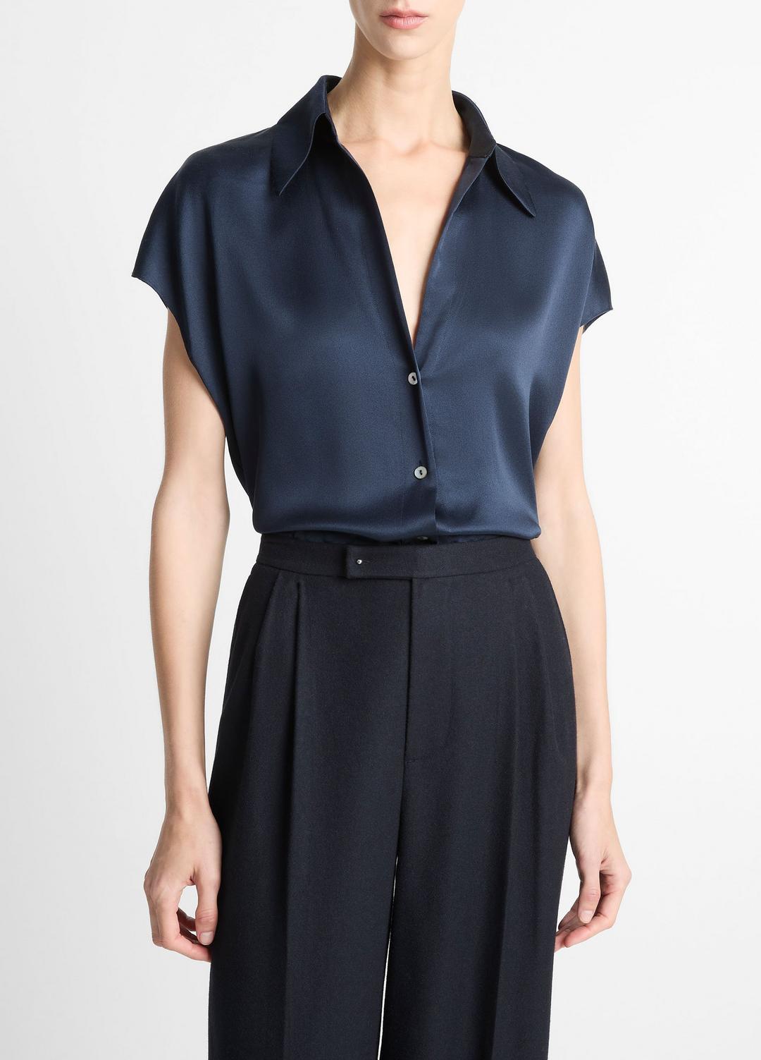 Silk Cap-Sleeve Ruched-Back Blouse in Short Sleeve
