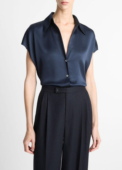 Silk Cap-Sleeve Ruched-Back Blouse in Short Sleeve
