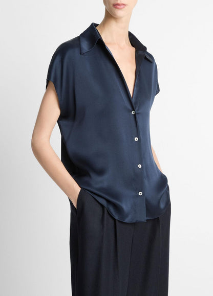 Silk Cap-Sleeve Ruched-Back Blouse in Short Sleeve