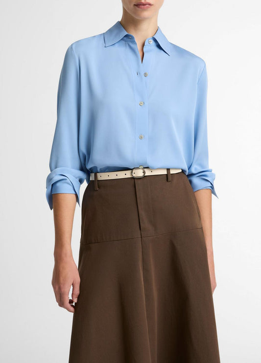 Stretch-Silk Button-Front Blouse in Long Sleeve