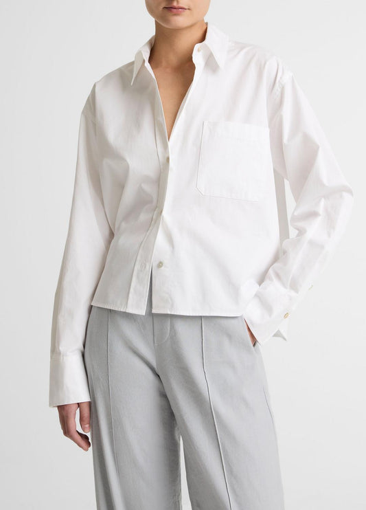 Cotton Cropped Button-Front Shirt  in Long Sleeve