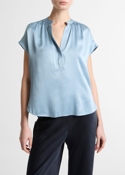 Silk Gathered Cap-Sleeve Blouse in Short Sleeve