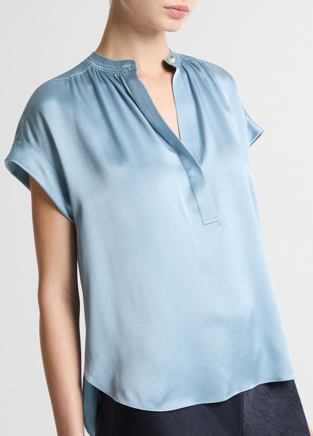 Silk Gathered Cap-Sleeve Blouse in Short Sleeve