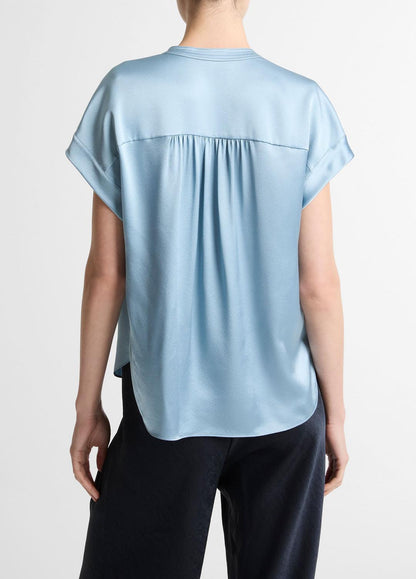 Silk Gathered Cap-Sleeve Blouse in Short Sleeve