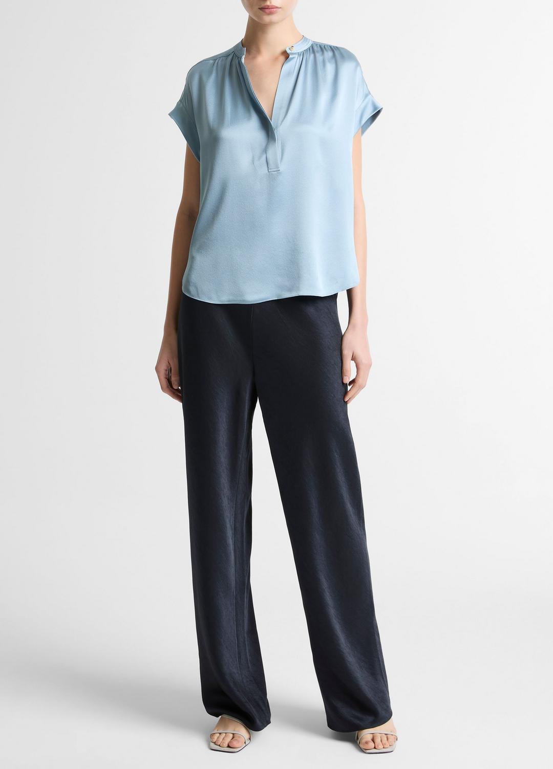 Silk Gathered Cap-Sleeve Blouse in Short Sleeve