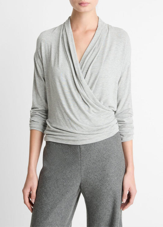 Relaxed Fixed-Wrap Jersey Top in Long Sleeve