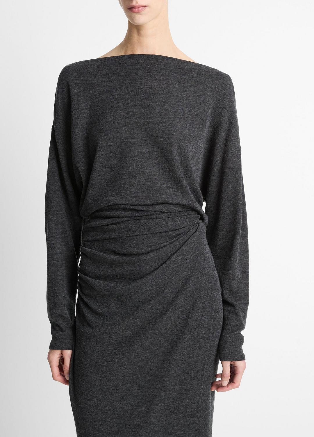 Draped Wool-Blend Slash-Neck Top in Long Sleeve