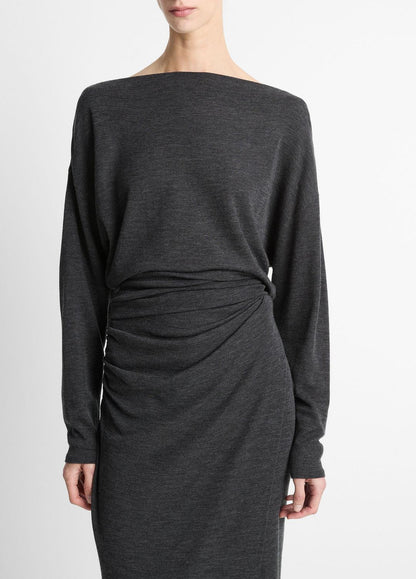 Draped Wool-Blend Slash-Neck Top in Long Sleeve