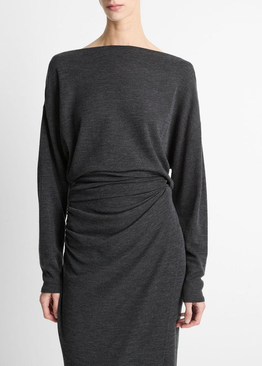 Draped Wool-Blend Slash-Neck Top in Long Sleeve