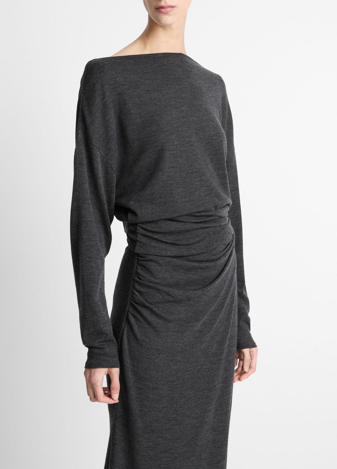 Draped Wool-Blend Slash-Neck Top in Long Sleeve