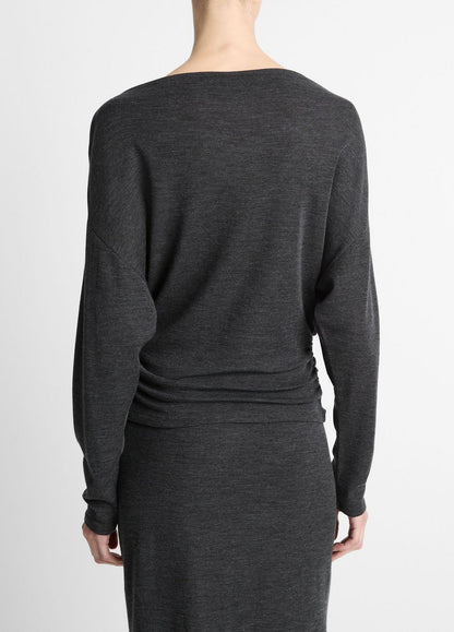 Draped Wool-Blend Slash-Neck Top in Long Sleeve
