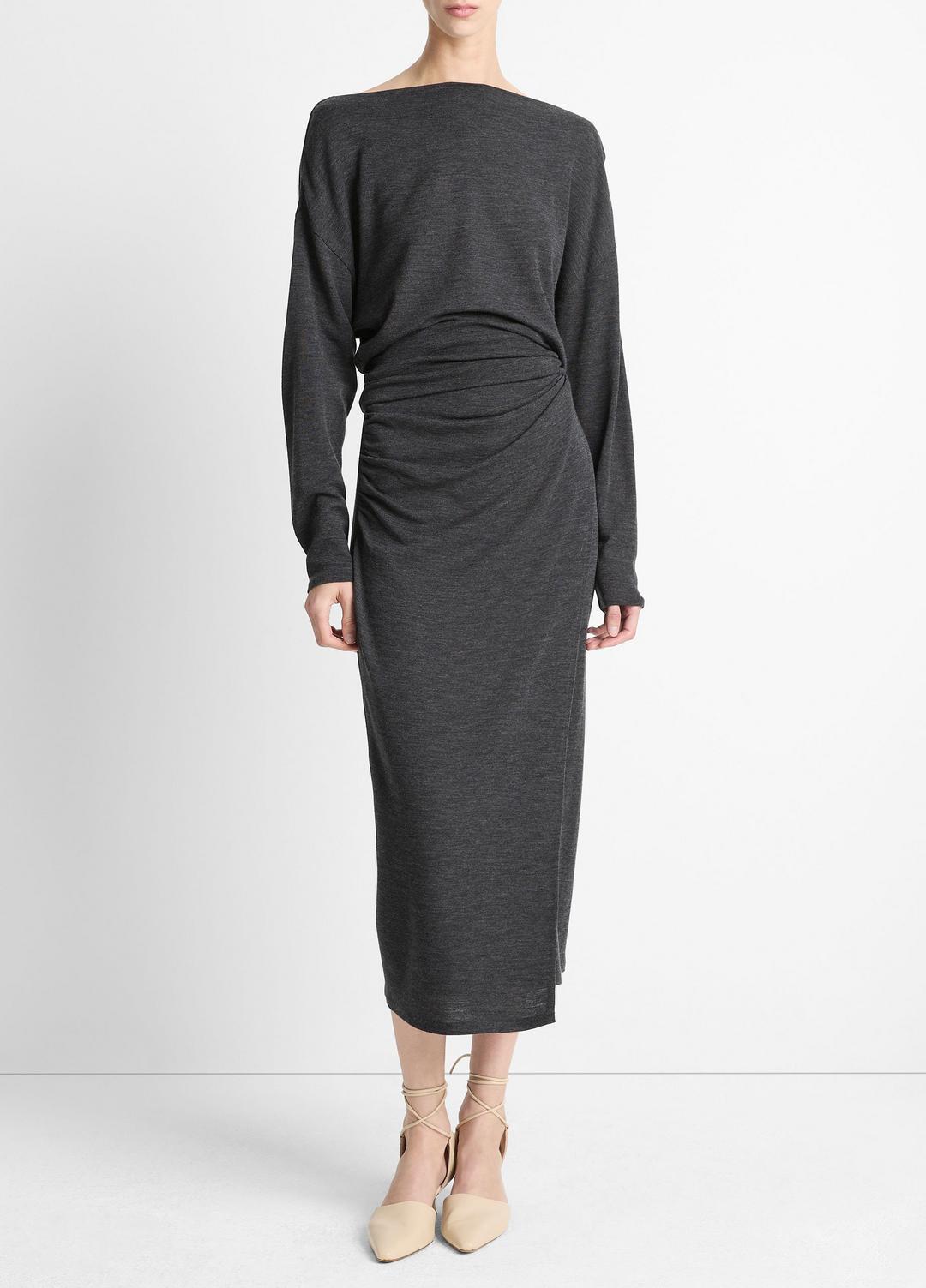 Draped Wool-Blend Slash-Neck Top in Long Sleeve