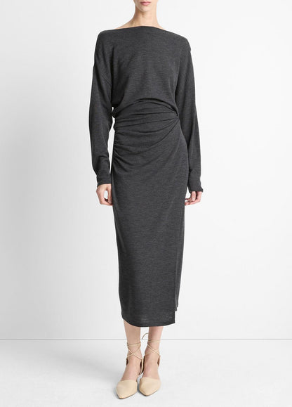 Draped Wool-Blend Slash-Neck Top in Long Sleeve