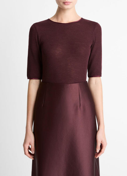 Satin-Trim Wool Elbow-Sleeve T-Shirt in Short Sleeve