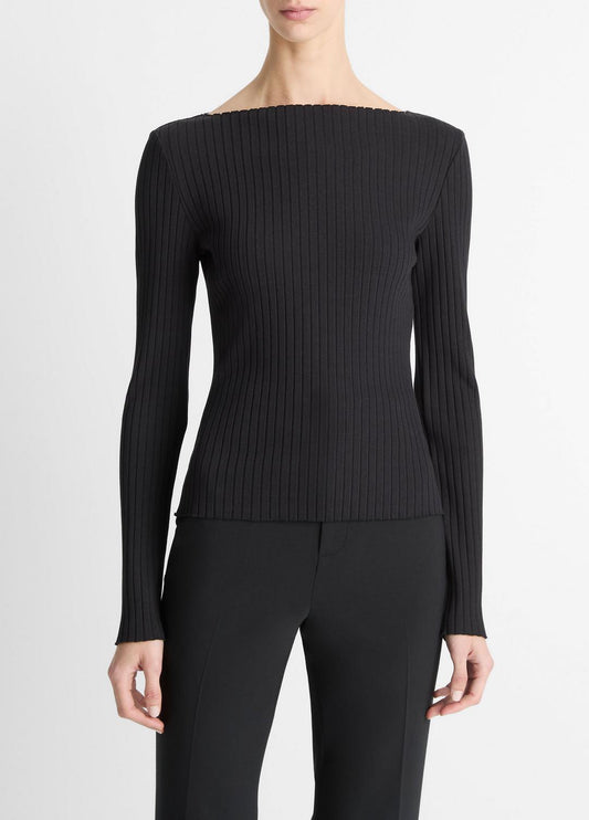 Ribbed Cotton-Blend Slash-Neck Long-Sleeve Top in Long Sleeve